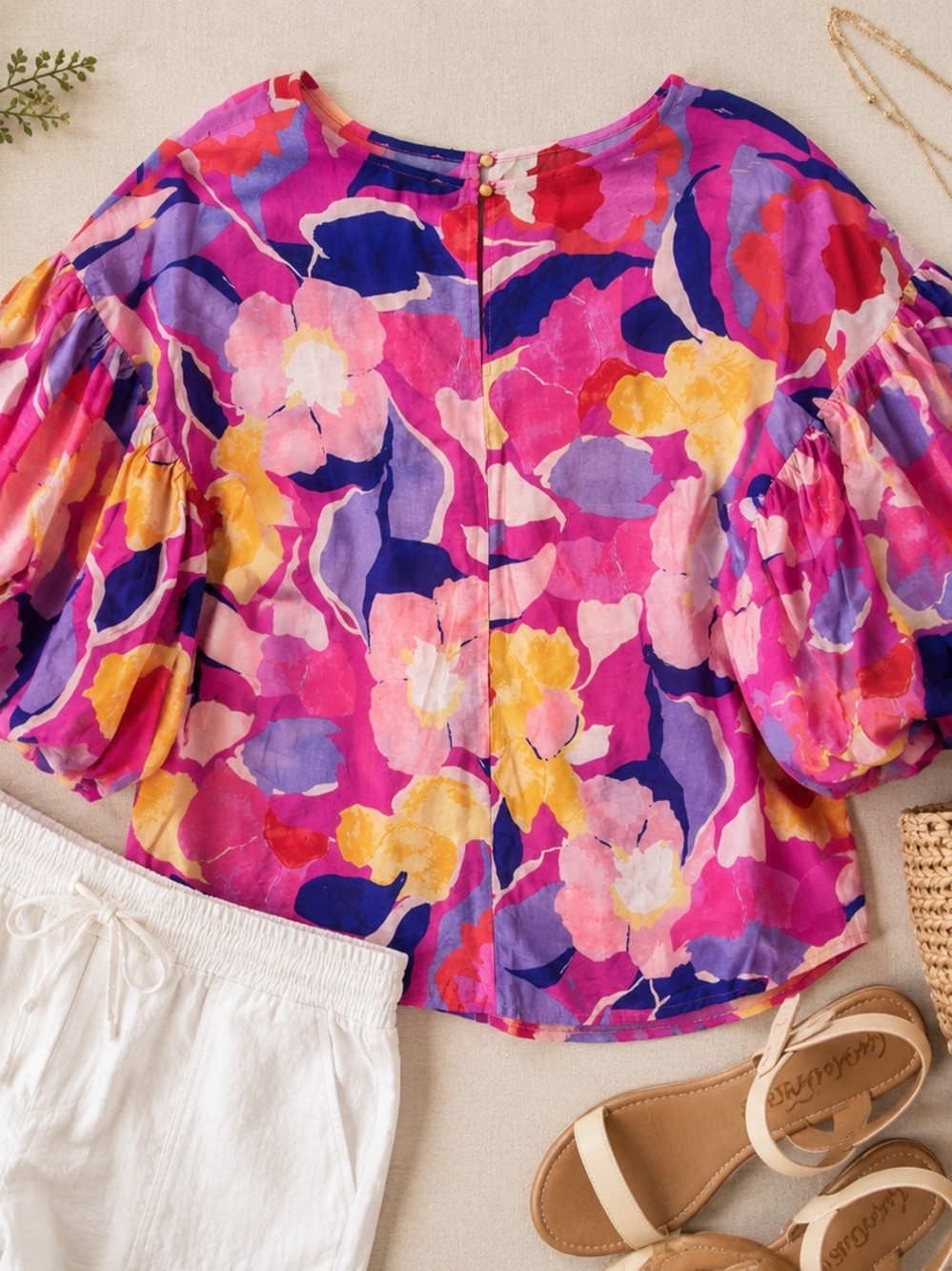 TCEC Fuchsia Pink Floral Flutter-Sleeve Blouse